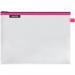 The Leitz WOW water resistant Travel Pouch is a bright pink, large-sized bag measuring 30x23 cm. The outer carton contains 10 of these pouches, all branded with the Leitz luggage logo. The bag appears sleek and durable, perfect for any travel needs.