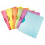 In the picture, there are six rectangular clip files arranged neatly in an outer carton. Each clip file is in A4 size and comes in a variety of vibrant colors. The clip files have the brand name ACCO Brands and Leitz Magic Color imprinted on them. They have a sleek, modern design and sturdy construction. The individual clip files are labeled with tabs and have a secure metal clip on top to hold papers in place. Overall, the picture shows a functional and visually appealing set of clip files that would be useful for organizing and storing documents.