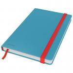 The photo shows a blue soft touch notebook, with a calming and cozy feel. The cover is made of durable hardcover material and features the Leitz brand. The notebook is ruled with lined pages, perfect for note-taking and writing. The color scheme is in shades of calm blue, creating a visually pleasing aesthetic.