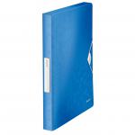 The image shows five blue metallic Leitz WOW Box Files neatly organized in an outer carton. Each file is made of durable A4 polypropylene material and has the ACCO Brands logo on the front. The box files feature a sleek design with a smooth finish, perfect for storing and organizing important documents.