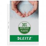 The photo shows a pack of high-quality Leitz pockets for A4 size paper. The pockets are made with 30% recycled plastic, giving them an eco-friendly touch. They have been punched for easy insertion into binders or files. The clear plastic allows for easy viewing of the contents inside.