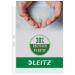 The photo shows a pack of high-quality Leitz pockets for A4 size paper. The pockets are made with 30% recycled plastic, giving them an eco-friendly touch. They have been punched for easy insertion into binders or files. The clear plastic allows for easy viewing of the contents inside.