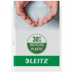 The photograph shows a set of ACCO Brands punched pockets by Leitz. They are made from high quality, 30% pre-consumer recycled plastic. The pockets appear clear and durable with a slight glossy sheen. They are designed to keep documents organized and protected.