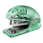 The picture showcases a compact, green mini stapler with a sleek design. The stapler has a rapid action feature and can easily staple large stacks of papers with its high-capacity tray. The bright green color adds a pop of fun to any desk.