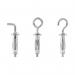 This picture shows a set of ACCO Brands Tools Hollow wall anchors with different hooks, each capable of holding up to 40 kg of weight. The anchors have an angled shape and come with a ring and rounded hook for versatile hanging options. The color is a muted gray and the overall size is compact for easy storage. The anchors are designed for use in hollow walls.