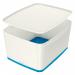 The photo shows a set of four Leitz MyBox WOW Large storage boxes with lids. They are white and blue in color and have a capacity of 18 litres. Each box measures W 318mm, H 198mm, and D 385mm. They come packaged in an outer carton.