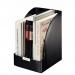 This picture shows a black Leitz Plus Jumbo Book and Magazine Rack from ACCO Brands. The outer carton contains 3 racks. The racks have a sleek and modern design, with multiple compartments to hold both books and magazines. The black color adds a touch of elegance and professionalism. The racks are made with high-quality materials and are sturdy and durable. This picture showcases an organized and clutter-free workspace.