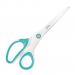 This picture features a pair of sleek, titanium office scissors from ACCO Brands. The bright ice blue handles add a pop of color to the otherwise metallic design. The blades measure 205mm and have a sharp, precise edge. These Leitz WOW scissors are both functional and stylish, making them a great addition to any office space.