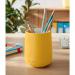 The picture shows a stylish and vibrant yellow pen pot from ACCO Brands. The Leitz Cosy design adds a touch of warmth to any desk set-up. Sleek and functional, this pen pot is perfect for organizing writing utensils and other small office supplies. Its bright color is eye-catching and will add a pop of color to any space. The tidy and compact size makes it perfect for any desktop. The sturdy construction ensures durability and long-lasting use.