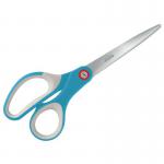 The photo depicts a sleek pair of scissors from ACCO Brands, specifically the Leitz Cosy Titanium Office Scissors. These scissors measure 205mm in length and are a calming blue color. The titanium material adds durability, while the ergonomic design makes them comfortable to use for extended periods of time. A must-have tool for any office setting.