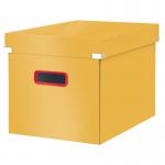 An image of Leitz Storage Boxes Click & Store Cosy Cube Large Storage Box in Warm Yellow shows a sturdy, square box with a vibrant yellow color. The box has a removable lid and convenient click closure, perfect for organizing various items.