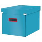 This photo showcases a Leitz Click & Store Cosy Cube Large Storage Box in a calming shade of blue. The box features the Leitz logo and can be easily assembled to provide stylish and functional storage for any space.