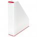 The picture shows a stylish and modern magazine file in white and red, with the brand name Leitz WOW printed on it. It has a sleek and compact design, perfect for organizing and storing A4-sized books and magazines. The color combination of white and red adds a pop of color to any workspace. The file is made of durable material and has a duo-color design, making it both functional and aesthetically pleasing. Its slim size allows for easy storage on shelves or desks, making it a perfect addition to any office or home setting.