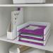 The photo shows a vibrant white and purple Leitz WOW Magazine File, designed by ACCO Brands. It is the perfect size for A4 documents and has dual-colour compartments for organizing books and magazines. The sleek design and bright colours make it a stylish addition to any office or study space.