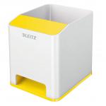 The picture shows a vibrant white and yellow Leitz WOW Sound Pen Holder from ACCO Brands. The pen holder has a sleek and modern design and also features a sound boosting function for smartphones. The desk set is organized and tidy, with ample space to hold pens and other office supplies. The bright colors add a pop of energy to any workspace.