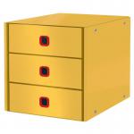 This picture features a Leitz Click & Store Cosy Drawer Cabinet in a vibrant warm yellow color. The drawer cabinet contains three drawers and is part of the Leitz Drawer Sets collection.