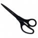 The photo shows two sleek black scissors in a clear blister pack. The blades are made of titanium and have a non-stick coating. These high-quality scissors measure 205 mm in length.