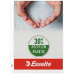 This photograph showcases a pack of 50 ACCO Brands Esselte Quality Punched Pockets. Each pocket is made of a transparent, matte 85 micron polypropylene and can hold up to 20 A3 sheets. These pockets are also environmentally friendly with 30% pre-consumer recycled materials.