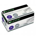 The picture shows an outer carton of Leitz Electric e1 Staples by Leitz Staples, with a quantity of 2500 staples, in a pack of 10. The packaging is labeled with the brand and product name, and features a clear image of the staples inside.