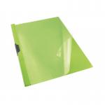 The image shows a green ACCO Brands Clip File from the Esselte VIVIDA collection. It is an A4 size and has a thickness of 3mm. The clip file is neatly packed in an outer carton, containing 25 clip files in total. The design is simple and functional, with the clip providing a secure hold for important documents. The vibrant green color adds a pop of color to any workspace.