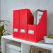 The photo features a vibrant red ACCO Brands Books & Magazine Racks Leitz WOW Click & Store Magazine File. It includes a convenient label holder and thumbhole for easy organization.