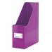 The picture shows a vibrant purple magazine file from ACCO Brands Leitz WOW collection. It features a label holder and thumbhole for easy organization and retrieval of magazines and books. The design is sleek and modern, making it a stylish addition to any office or home space.