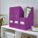 The image shows a vibrant purple ACCO Brands Leitz WOW Click & Store Magazine File with a label holder and thumbhole. It is designed specifically for storing books and magazines in an organized manner.