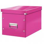 The Leitz Storage Boxes Leitz WOW Click & Store Cube Large Storage Box in pink features a modern and vibrant design. The cube shape allows for easy stacking and the click mechanism ensures secure closure. Made of high-quality materials, this storage box is both functional and stylish.
