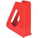 This picture shows a vibrant red outer carton containing 10 Esselte Europost VIVIDA Magazine File Standard Red racks. The racks feature the ACCO Brands logo and are designed to hold books and magazines, keeping them organized and easily accessible. The bright color adds a pop of color to any office or home setting.
