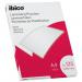 The photo shows a pack of 100 Ibico Gloss A4 Laminating Pouches, each measuring 250 Micron and crystal clear. The pouches are neatly stacked and feature the Ibico logo. The glossy finish and sturdy thickness are visible, making them perfect for protecting and preserving important documents or photographs.