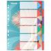 This photograph features a close-up of ACCO Brands Dividers & Indexes Esselte Colour Breeze A4 Indices, with six vibrant tabs in assorted colors, made from durable polypropylene material. The outer carton contains 20 sets, ready for use in organizing your documents or binders.