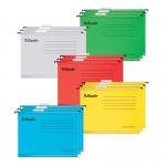 The picture shows a pack of 15 Esselte Classic A4 Suspension Files in assorted colors made by ACCO Brands. These files are designed for suspension filing and feature a suspension bar to easily hold papers in place. Each file has a label holder for organization and the pack includes a variety of colors to add a pop of color to any filing system.