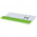 The photo features a vibrant green wrist rest from ACCO Brands, part of their Leitz Ergo WOW collection. Its unique design allows for adjustable positioning and optimal comfort for keyboard use.