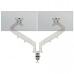 This photograph features the ACCO Brands Monitor Arms Leitz Ergo Space Saving Dual Monitor Arm. The sleek, modern design allows for dual monitors to be mounted side by side, saving valuable desk space. The arms are adjustable for ultimate ergonomic comfort.