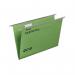 The image shows a set of 20 green suspension files designed for filing cabinets. The files have tabs and inserts for easy organization, and the 15mm V-base allows for plenty of storage space. Made from 100% recycled manilla, these files are environmentally friendly. They are part of the Multifile Plus collection from ACCO Brands and have a suspension filing system for added convenience.