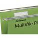 In the picture, there are several ACCO Brands Suspension Filing Rexel Foolscap Suspension Files with tabs and inserts, perfect for organizing and storing important documents. The files are made of durable 100% recycled manilla material in a vibrant green color. Each file has a 15mm V-base, providing ample space for multiple documents. The pack includes 20 Multifile Plus files, making it an efficient and cost-effective option for any filing cabinet.