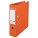 The photograph features a stack of bright orange ACCO Brands Lever Arch Files from Esselte. Each file is made of durable polypropylene and has a spine width of 75 mm. The stack comes packaged in an outer carton, with a total of 10 files inside. The vibrant color and sturdy construction make these files a practical and visually appealing choice for organizing A4 documents.