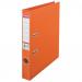 The image shows a stack of 10 bright orange lever arch files with the Esselte logo on the side. Each file has a 50mm spine and is made of sturdy polypropylene material. The files are designed to hold A4 sized papers and are a part of the ACCO Brands collection. The outer carton is also visible, featuring the product details and branding.