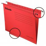 The photo shows a pack of 25 bright red A4 suspension files from ACCO Brands. Each file features the Esselte Pendaflex logo at the top and is labeled with the product name and quantity. The files are designed for suspension filing, with a sturdy construction and built-in suspension hooks for easy organization. The photo highlights the vibrant color and sleek design, making it a practical and eye-catching addition to any filing system.