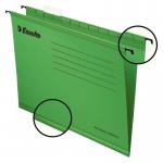 The picture shows the iconic green Esselte Classic reinforced suspension file, designed and manufactured by ACCO Brands. With a pack of 25 files, this product is perfect for organizing A4 size documents. Its suspension filing system allows for easy access and the durable construction ensures long-lasting use.