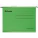 The image shows a pack of 25 green, A4-sized Esselte Classic reinforced suspension files from ACCO Brands. The files have a sturdy suspension system, allowing them to hang securely in a filing cabinet. The classic design features a label holder on the front for easy organization and identification. These suspension files are perfect for keeping documents neat and organized in any office setting.