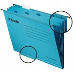 The image shows ten blue Esselte Classic Reinforced Suspension Files for A4 paper by ACCO Brands. They are neatly arranged in a pack, with a reinforced suspension system visible on each file. These files are designed to hang from a filing cabinet or rail, making them convenient and space-saving. The label area on the front of each file is labeled with the name and logo of ACCO Brands, along with the product name. The files have a professional and sleek appearance, with a smooth finish and vibrant blue color.