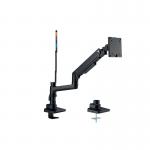 This picture features an ACCO Brands Monitor Arm, specifically the Kensington Heavy-Duty Gas Spring Arm. It is designed for 49 monitors and has a sleek, modern design. The arm is chrome and the gas spring provides smooth and effortless positioning.