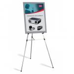 The image shows a sleek and modern flipchart easel, made with lightweight aluminium material. The easel features a convenient pad holder and comes with a pad of Nobo brand paper. The overall design is professional and ideal for presentations, meetings, or workshops.