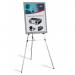 The image shows a sleek and modern flipchart easel, made with lightweight aluminium material. The easel features a convenient pad holder and comes with a pad of Nobo brand paper. The overall design is professional and ideal for presentations, meetings, or workshops.