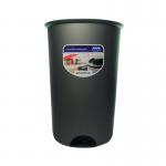 This photo shows an Addis Smart Round Bin Base in a sleek metallic grey color. The bin base is designed to hold up to 50 litres of trash and has the brands logo stamped on the front. The base has a clean and modern look, with a sturdy handle for easy transport.