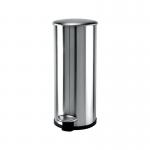 The photo shows an Addis Stainless Steel Soft Close Pedal Bin with a 30 litre capacity. The bin has a polished silver finish and a sleek design. The pedal mechanism allows for easy and hygienic opening and closing.