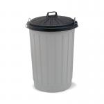 The photograph captures a sturdy and spacious grey round dustbin with a sleek black lid. It has a capacity of 90 litres, making it ideal for holding large amounts of waste. The design of the bin is simple yet practical, perfect for any household or community setting.