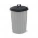 The photograph captures a sturdy and spacious grey round dustbin with a sleek black lid. It has a capacity of 90 litres, making it ideal for holding large amounts of waste. The design of the bin is simple yet practical, perfect for any household or community setting.