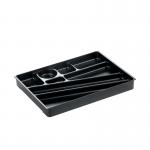 The image shows a black desk drawer organiser, with multiple compartments and a sturdy design. The compartments are perfect for storing office supplies and keeping your desk neat and organised. The sleek and durable construction makes it a practical addition to any workspace.